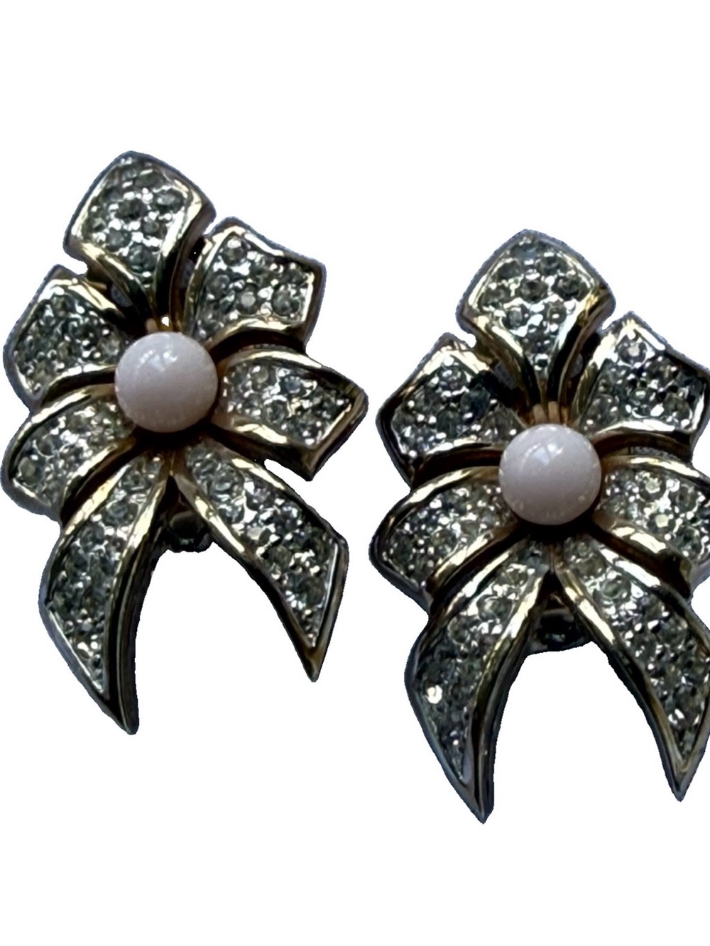 Stunning Vintage Panetta Rhinestone Pave & Pink Cabochon Bow Clip-on Earrings